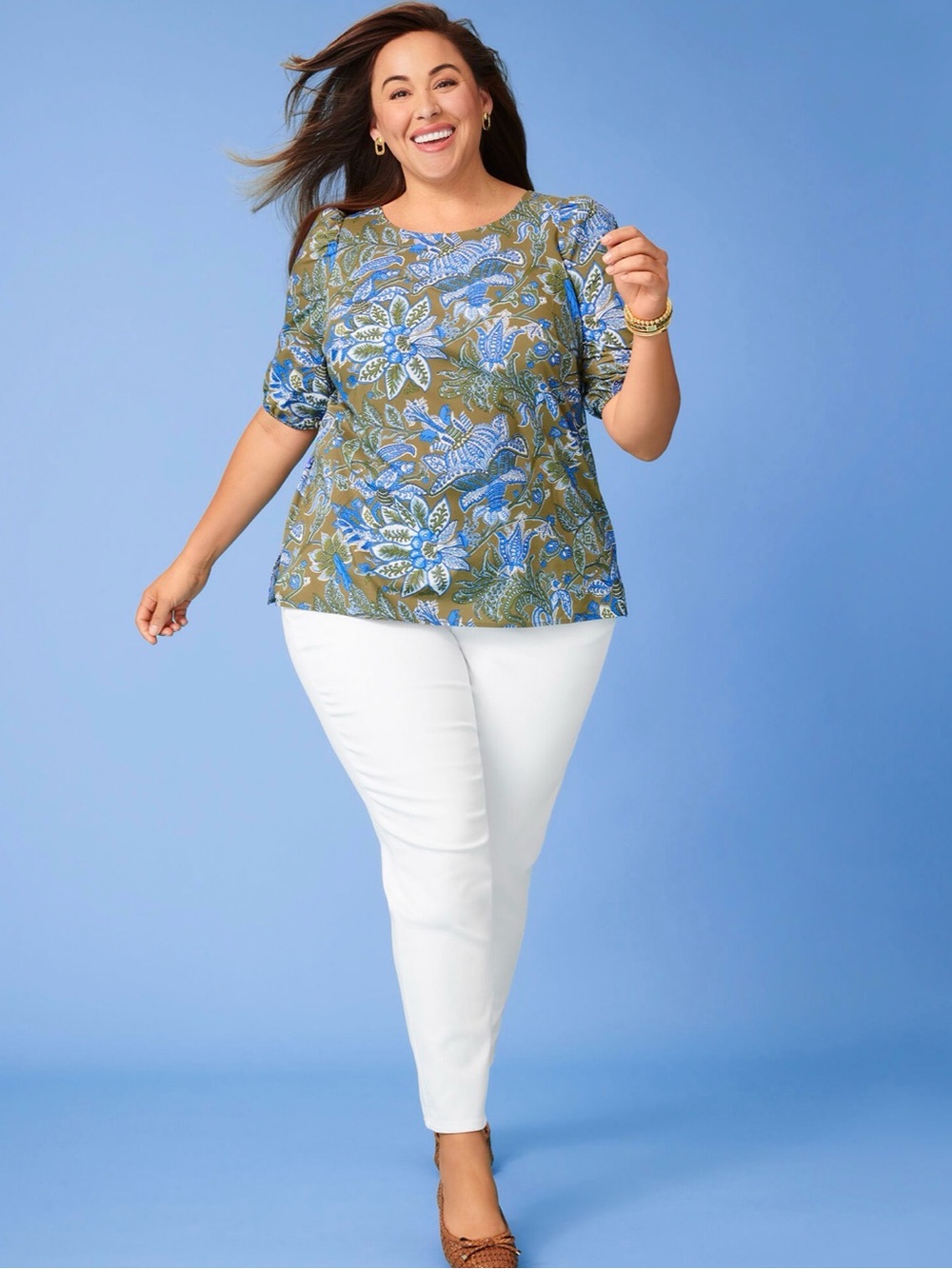 Talbots Plus Tie Back Lively Floral Top Women 1X Short Sleeve Green Blue Cotton